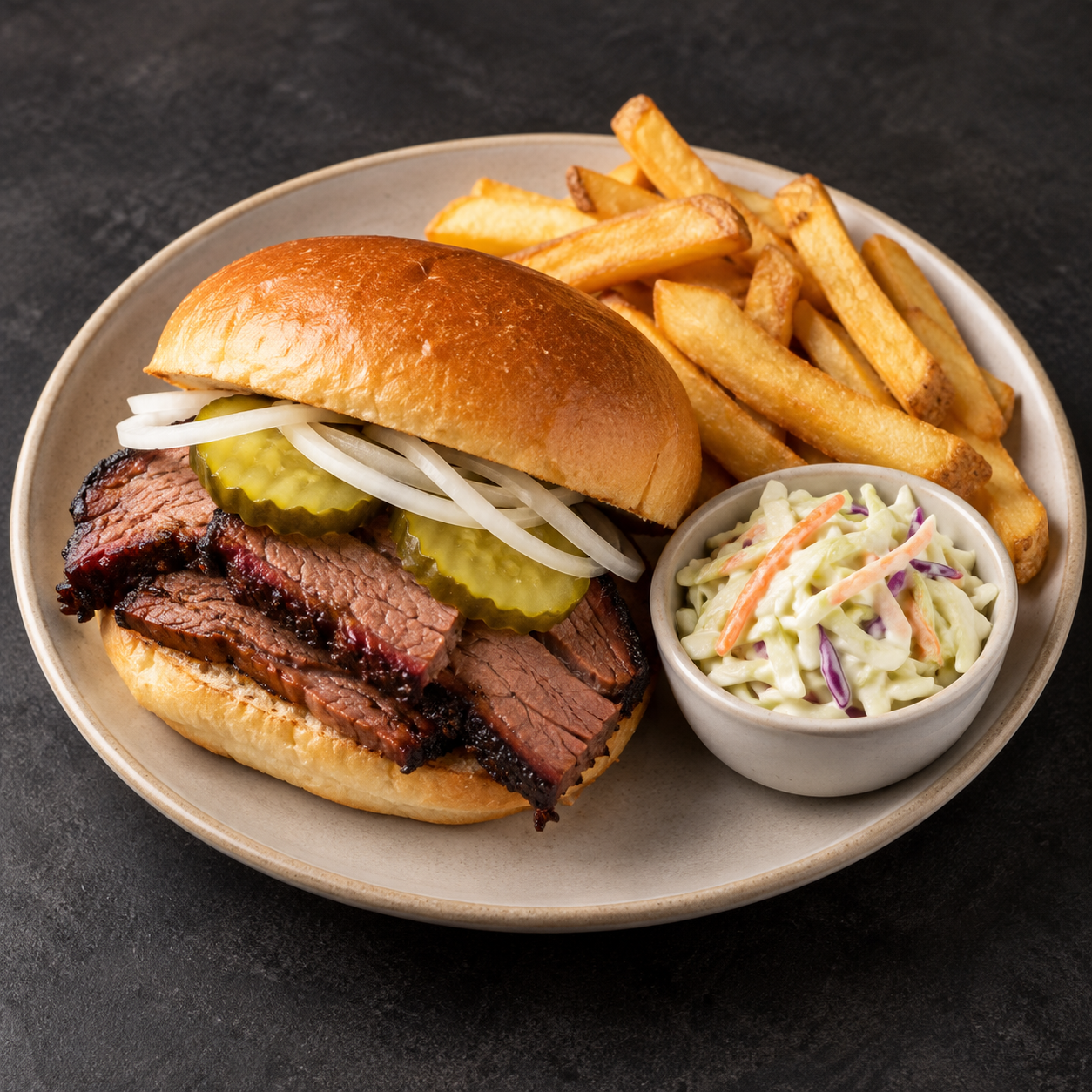 AI-generated illustration of a Brisket Sandwich with coleslaw and fries